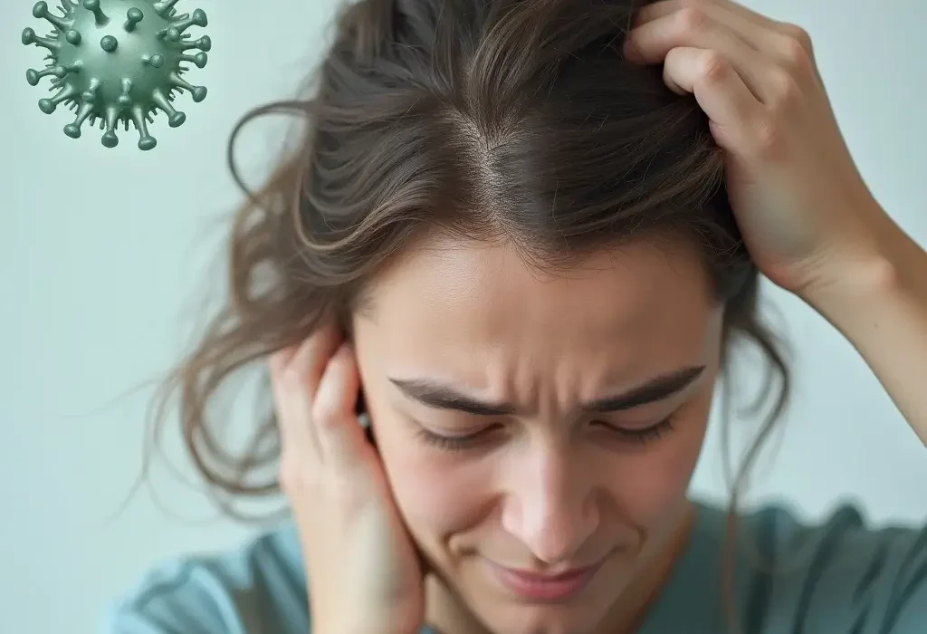 Hair loss after COVID - close-up of a person's scalp showing thinning hair and shedding, with a soft background and subtle COVID-19 symbol