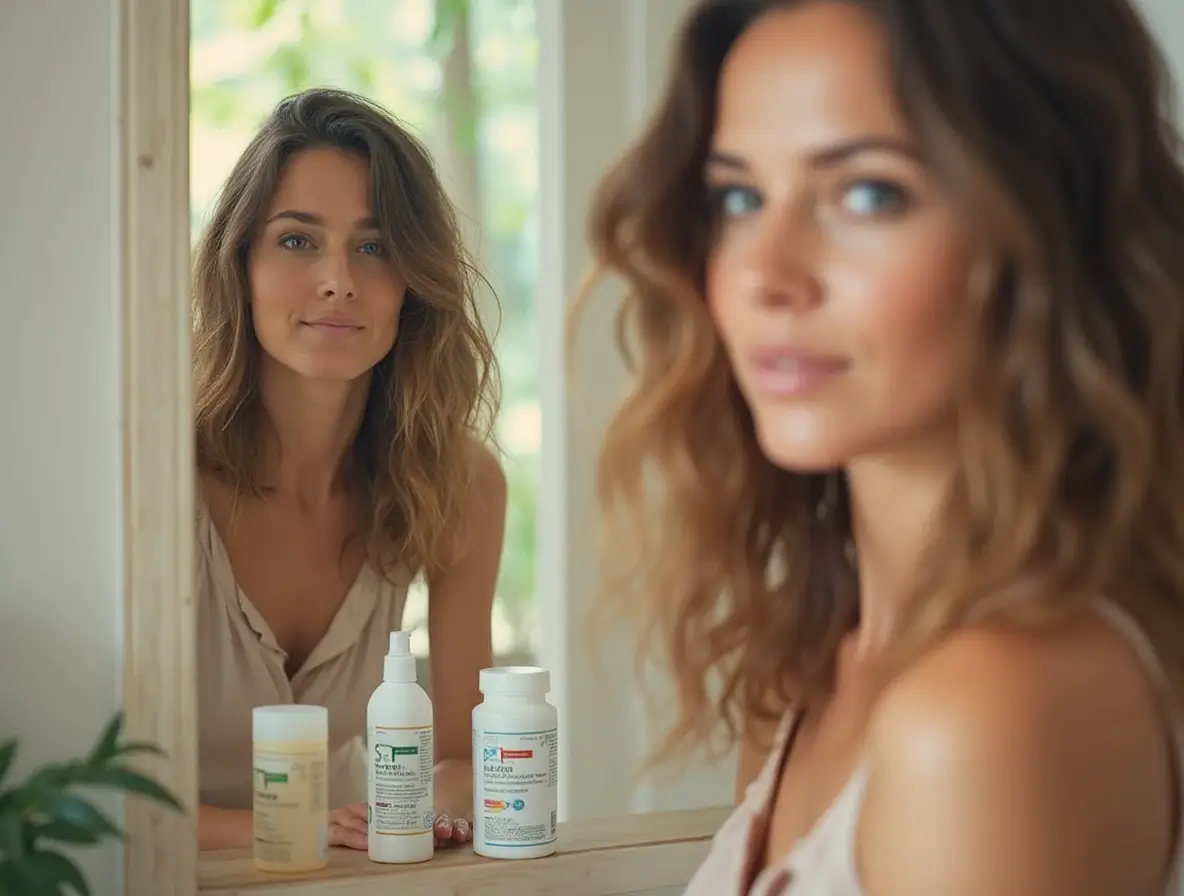 Woman with PCOS smiling while using a hair treatment to address PCOS Hair Loss.