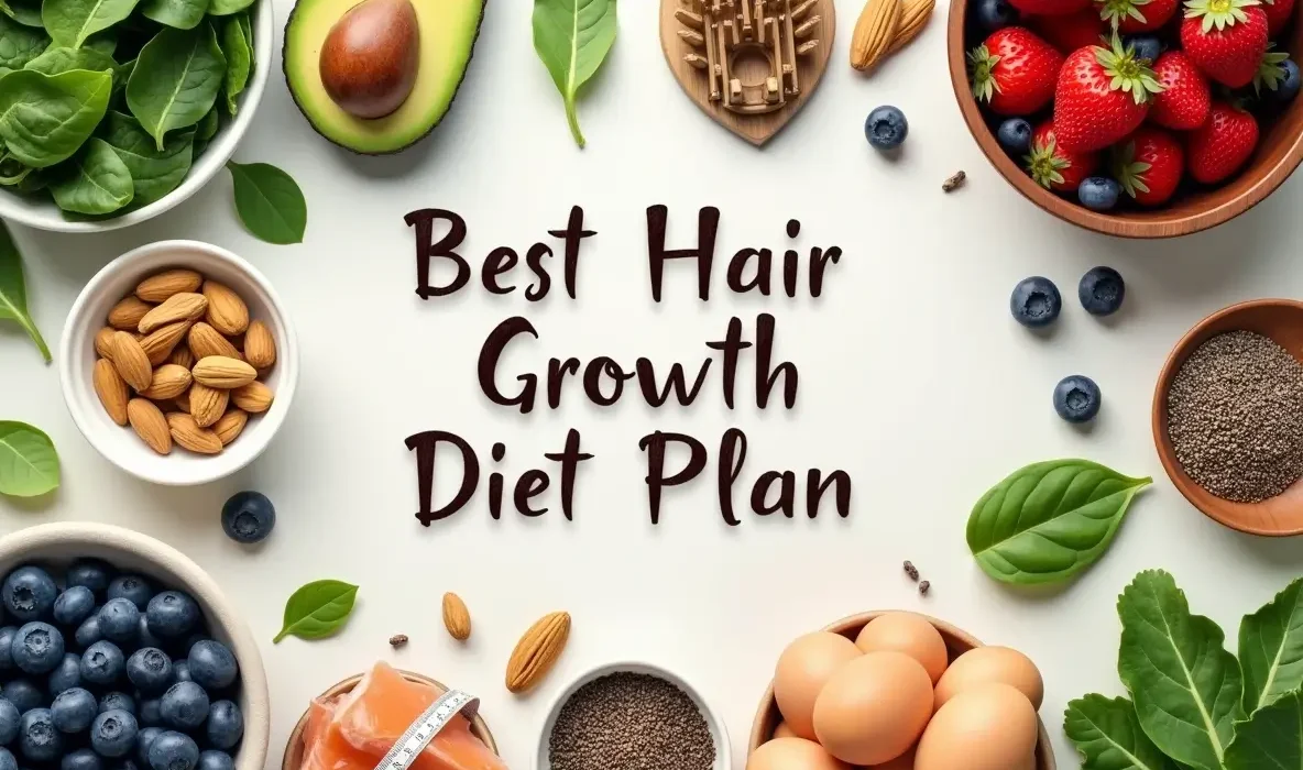 A vibrant selection of foods promoting healthy hair growth, including avocados, eggs, leafy greens, nuts, salmon, and berries, arranged to highlight the essentials of a Hair Growth Diet.