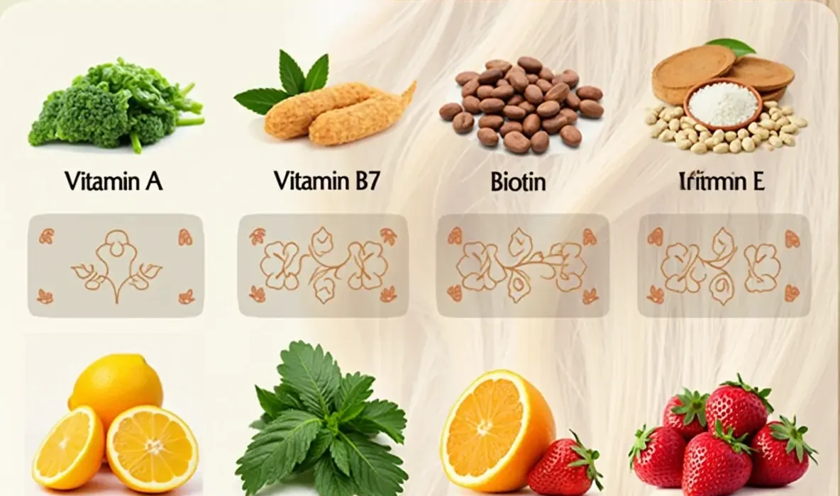 Collage of vitamins and foods that promote hair health and prevent hair thinning, including fruits, vegetables, supplements, and healthy hair strands, focusing on Vitamins Good for Hair Thinning