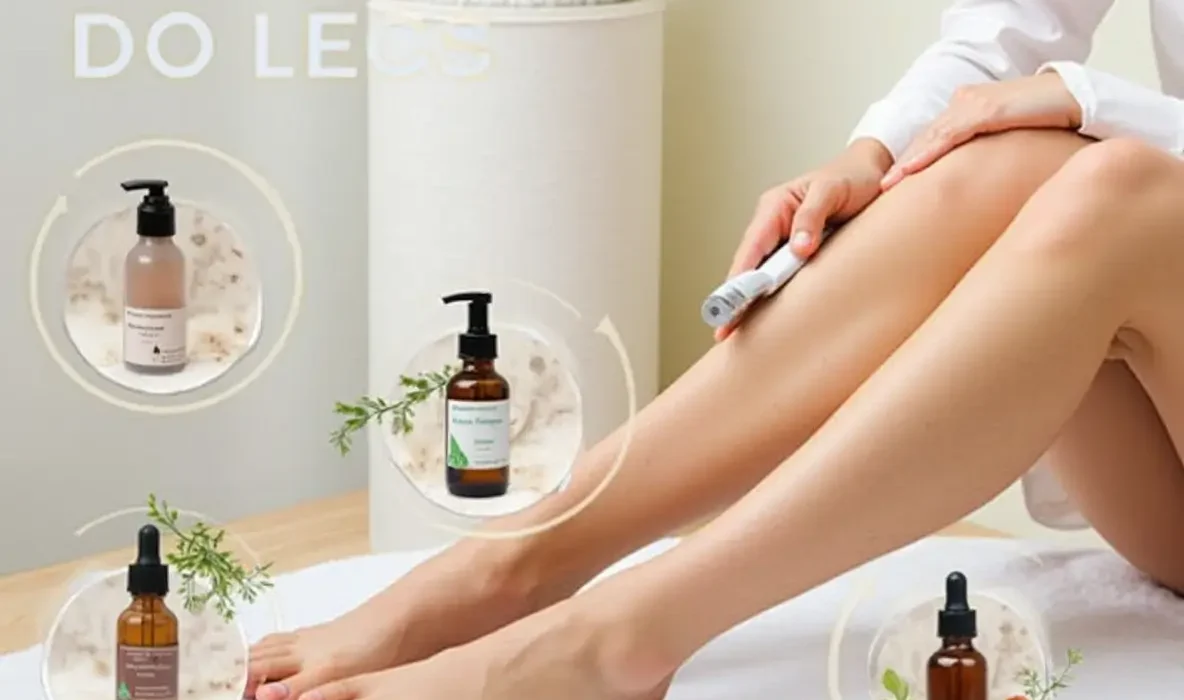 Close-up of smooth, healthy legs with a focus on skin texture, showcasing effective solutions for hair loss on legs, including skincare products and natural ingredients.