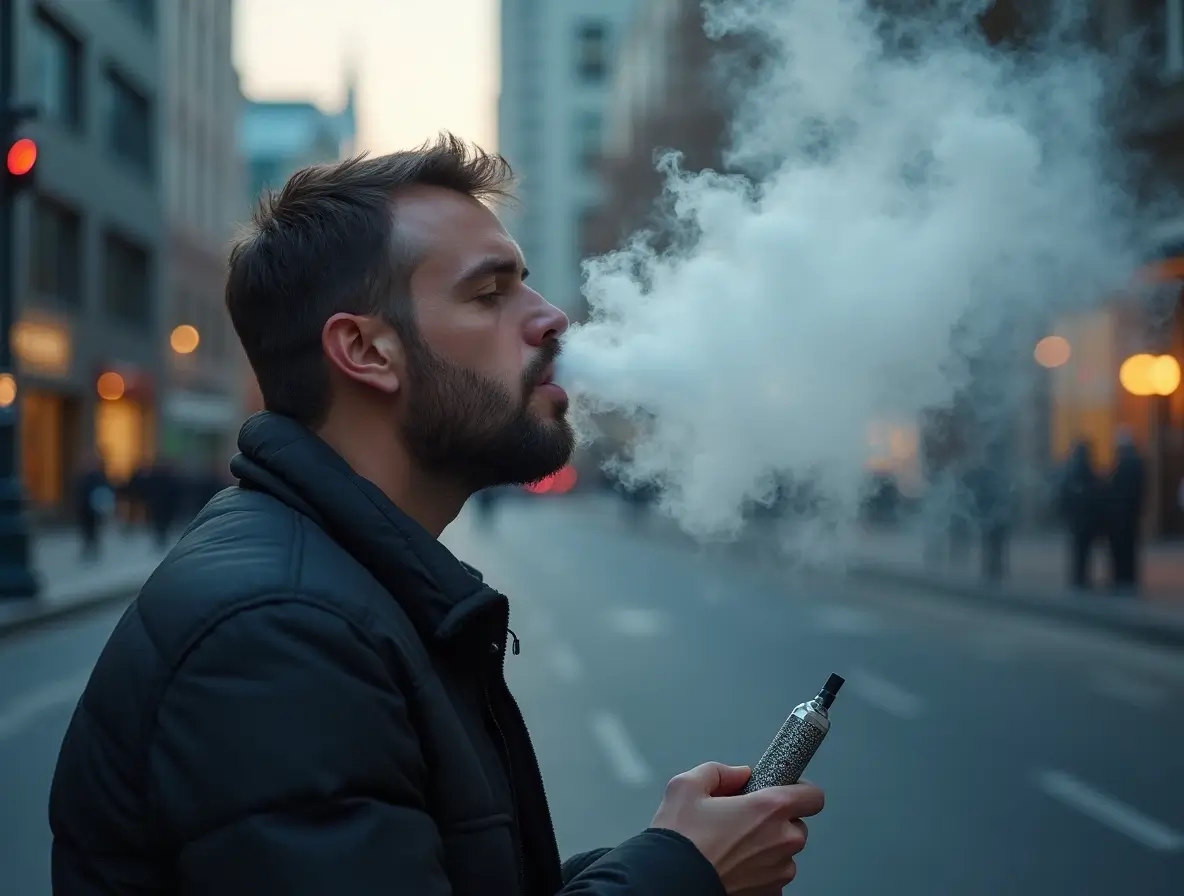 Person vaping with noticeable hair thinning, illustrating concerns about the impact of vaping on hair loss.