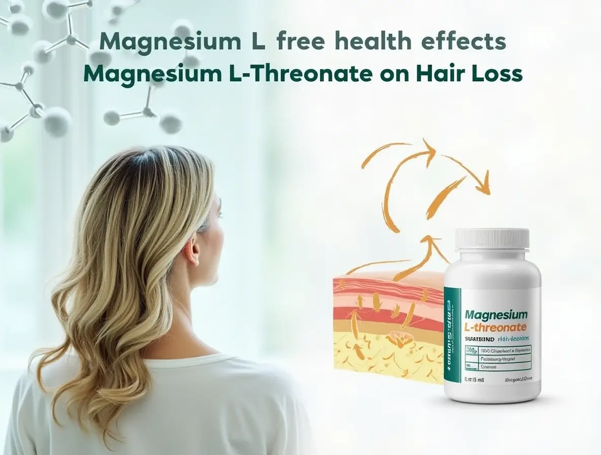 Close-up of a bottle of Magnesium L-Threonate supplements for hair health and growth.