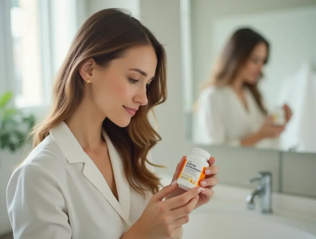 Close-up of spironolactone for hair loss medication bottle on a bathroom counter