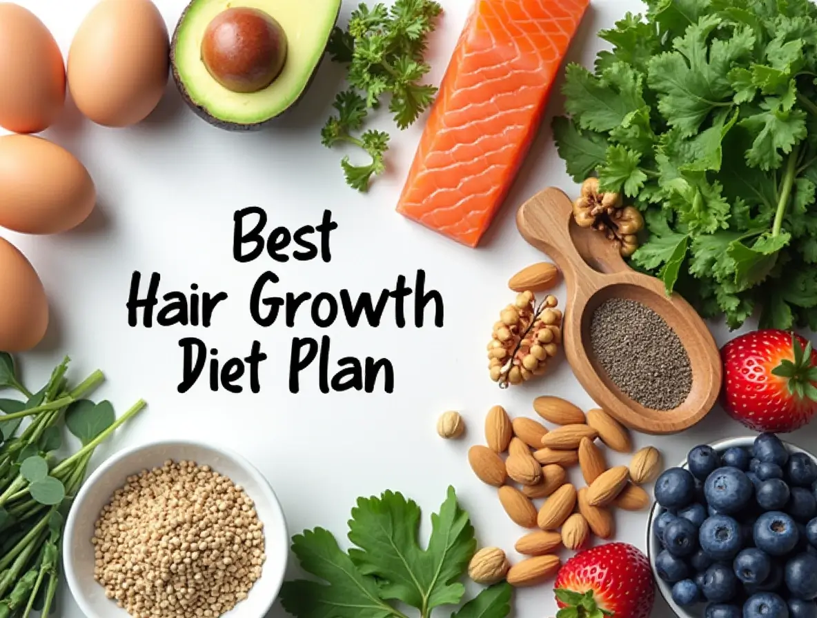 A close-up of a healthy meal promoting hair growth, including a bowl of leafy greens, salmon, chia seeds, nuts, and eggs, representing a balanced Hair Growth Diet.