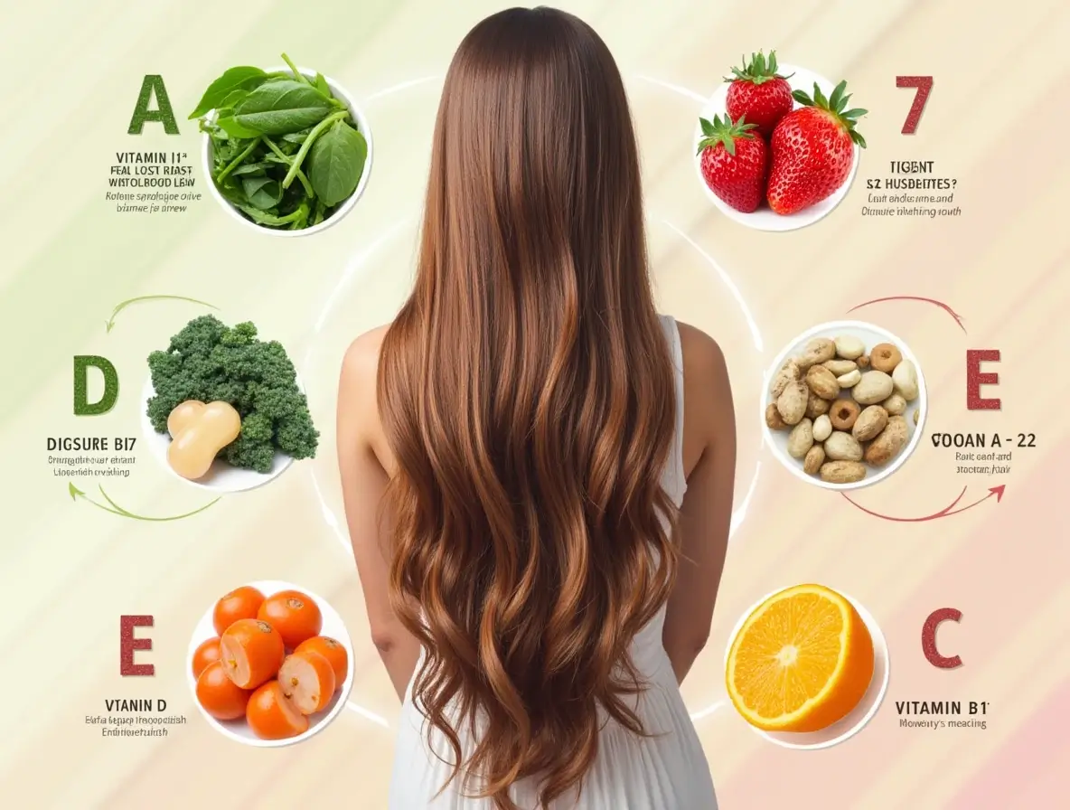 Image of vitamins and supplements like Biotin, Vitamin D, and Vitamin E alongside healthy foods, such as eggs, spinach, and salmon, with healthy hair strands in the background