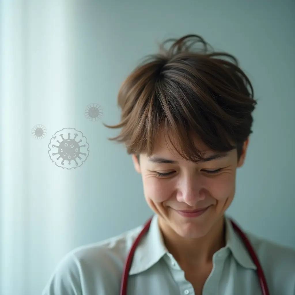 Person examining hair loss after COVID-19 in the mirror, showing visible thinning and concern, symbolizing the emotional impact of hair shedding