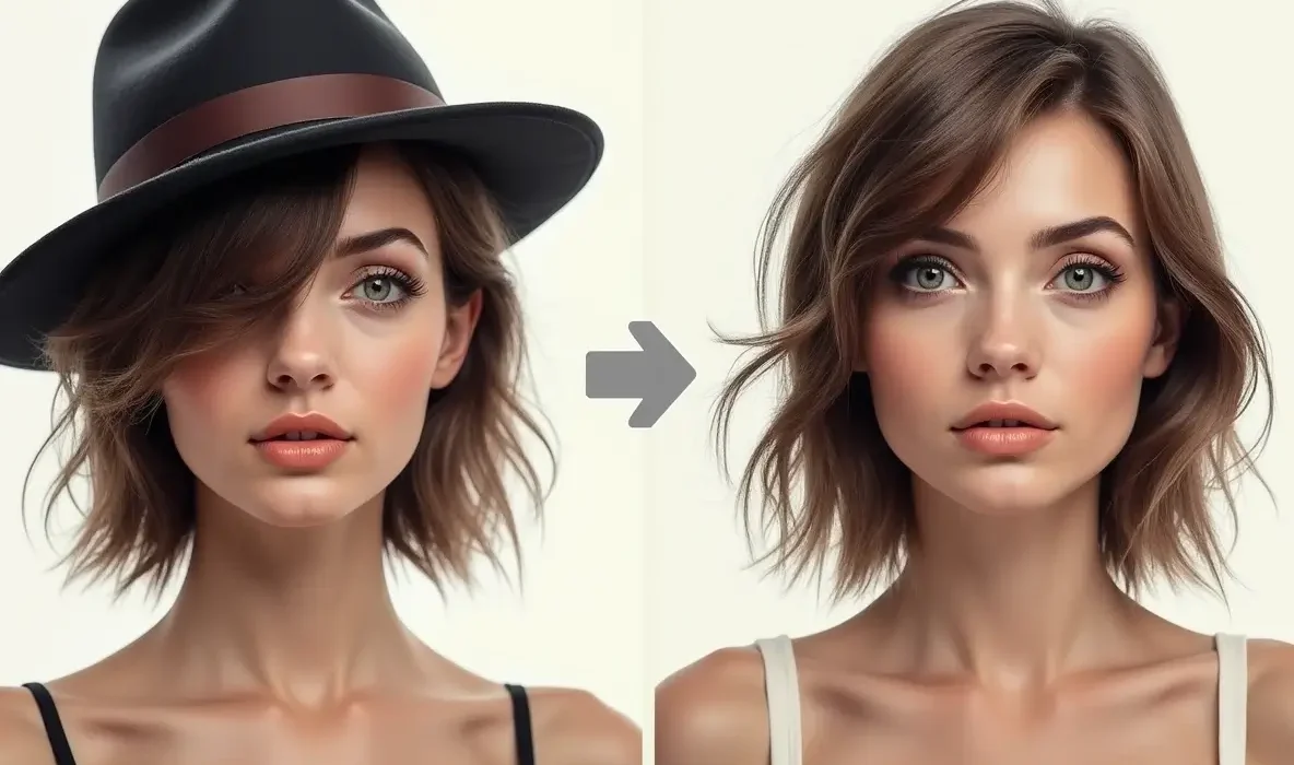 A split image illustrating that wearing a hat does not cause hair loss, with healthy hair under the hat and thinning hair without it.