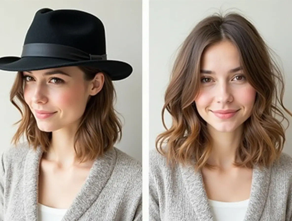 A person wearing a hat with thick, healthy hair, alongside the same person without a hat showing thinning hair, illustrating that wearing a hat does not cause hair loss.