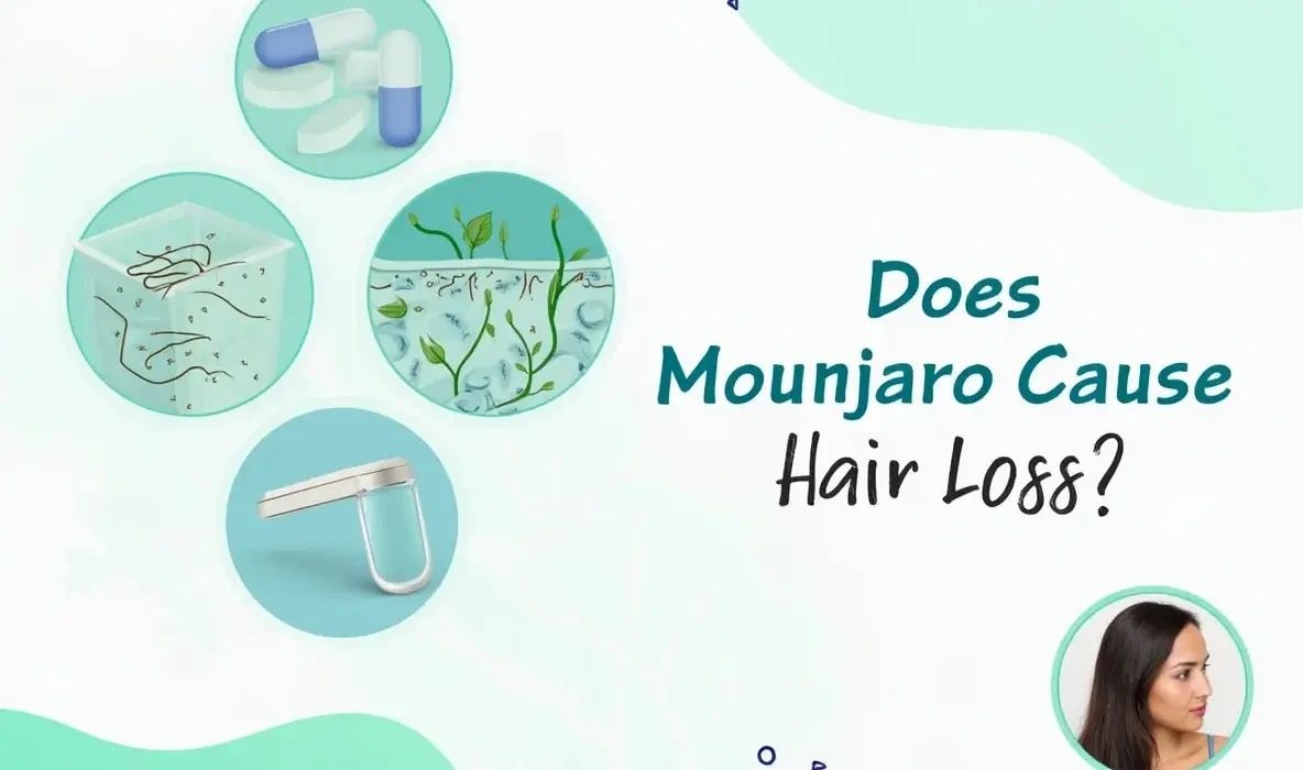 Person with thinning hair looking at Mounjaro medication, concerned if Mounjaro cause hair loss during treatment for type 2 diabetes