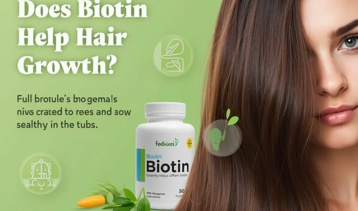 Healthy hair growth with biotin supplements, illustrating hair follicles and keratin production