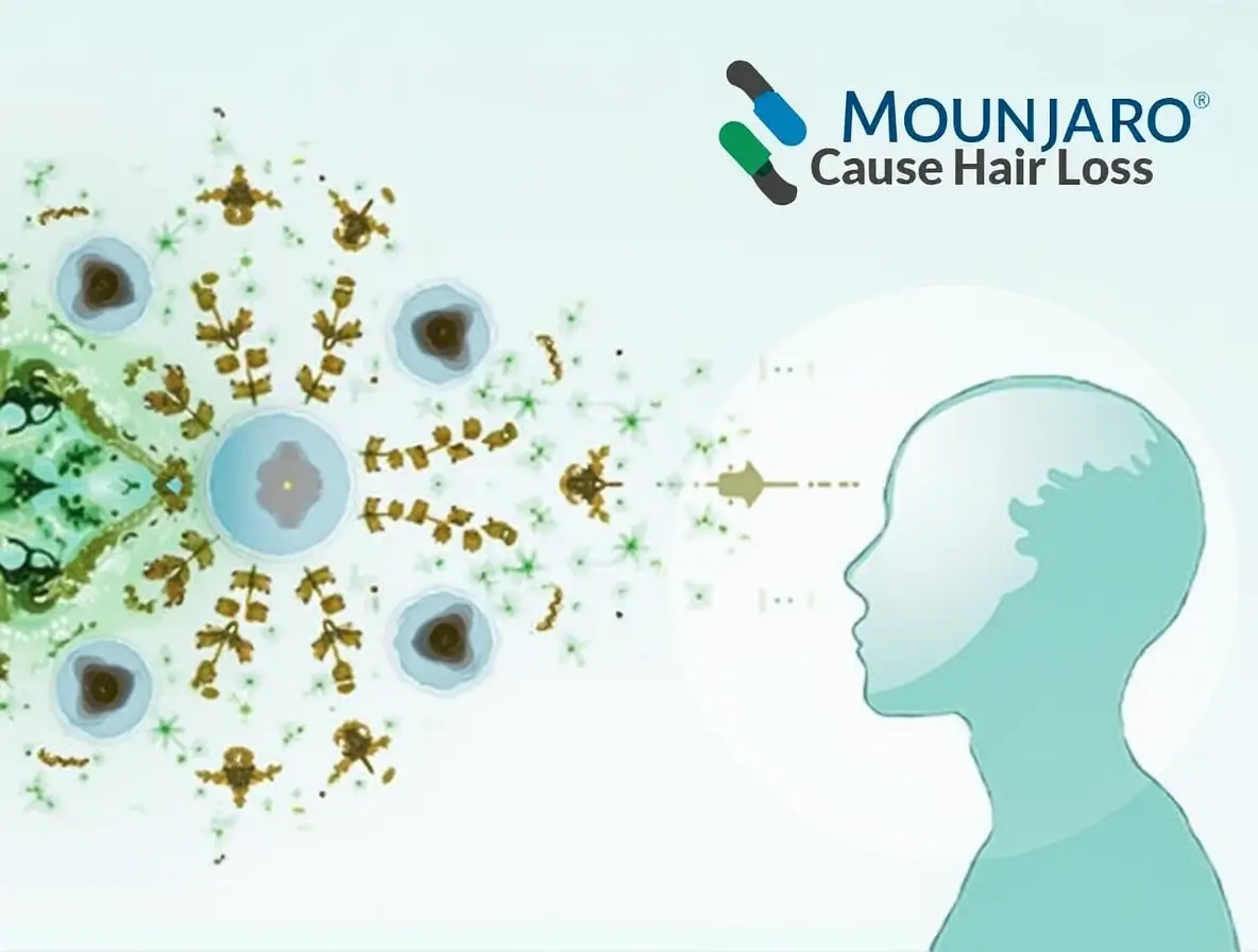 Person with thinning hair looking at Mounjaro medication, questioning if Mounjaro causes hair loss