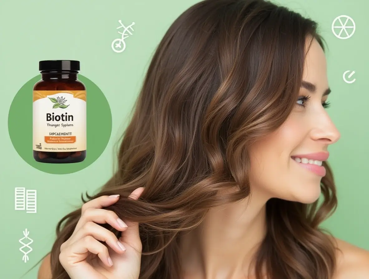 Biotin supplement bottle placed next to natural foods for hair health, such as eggs and nuts.