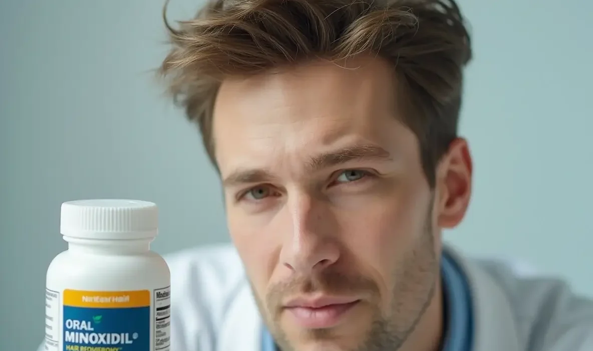 Person holding a bottle of Oral Minoxidil Drastic Hair Loss next to their thinning hairline.