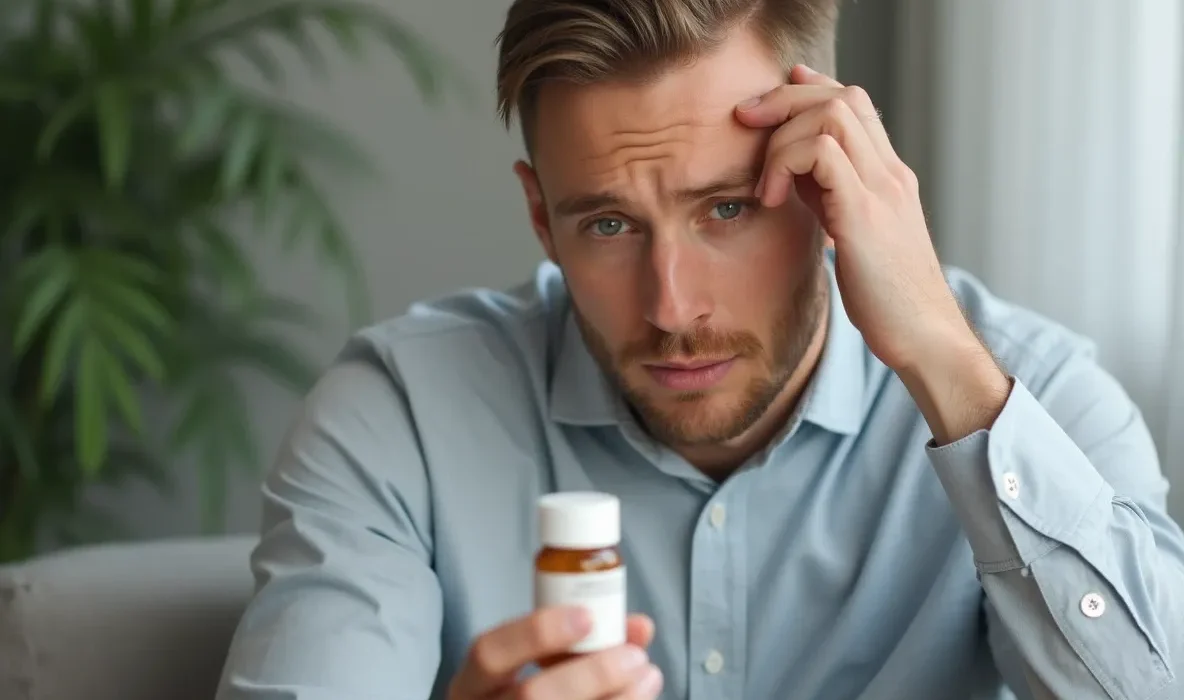 Man looking concerned about hair thinning while holding tadalafil medication.